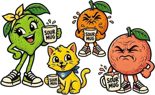 The Sour Mug crew: a lime, an orange, a grapefruit and a cat, each with a Sour Mug