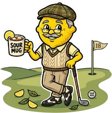 A distinguished lemon in a golf cap and sweater vest holding a Sour Mug of iced tea