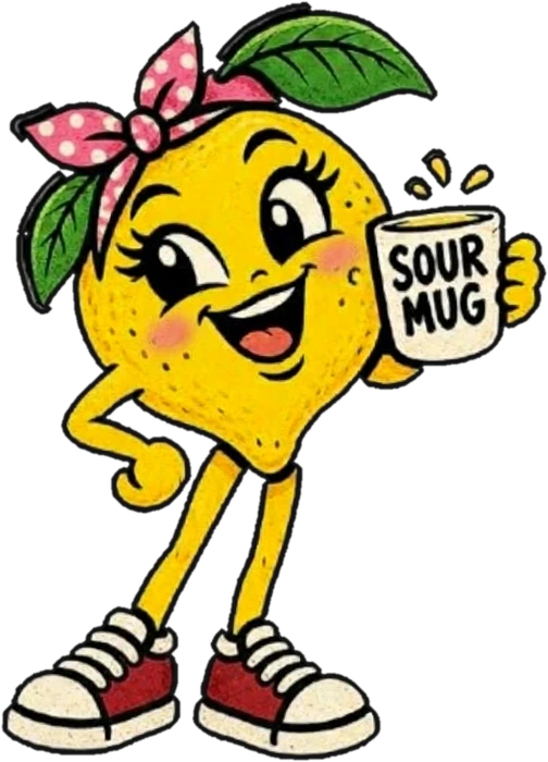 A lemon in a polka-dot bandana holding a Sour Mug