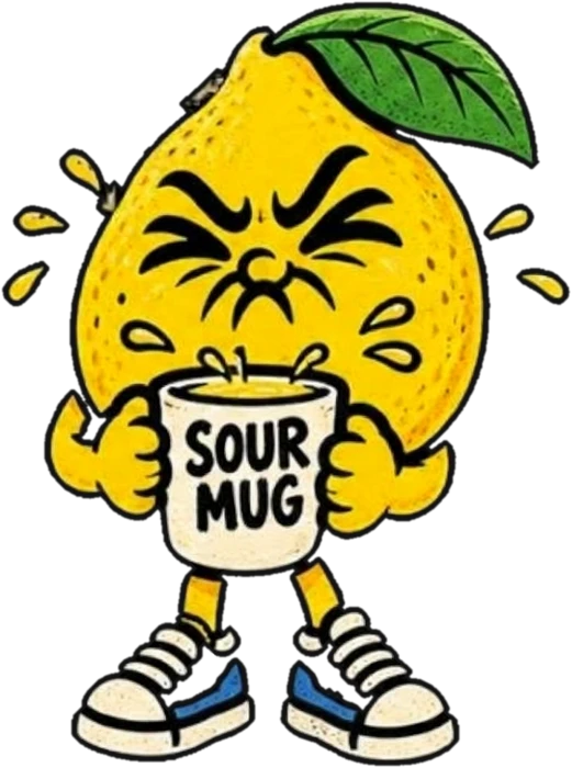 A lemon puckering after a sip of lemonade